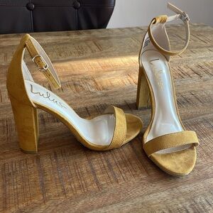 Lulu's Mustard Yellow Suede Block Heel Sandals